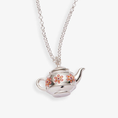 Floral Teapot Locket Pendant Necklace